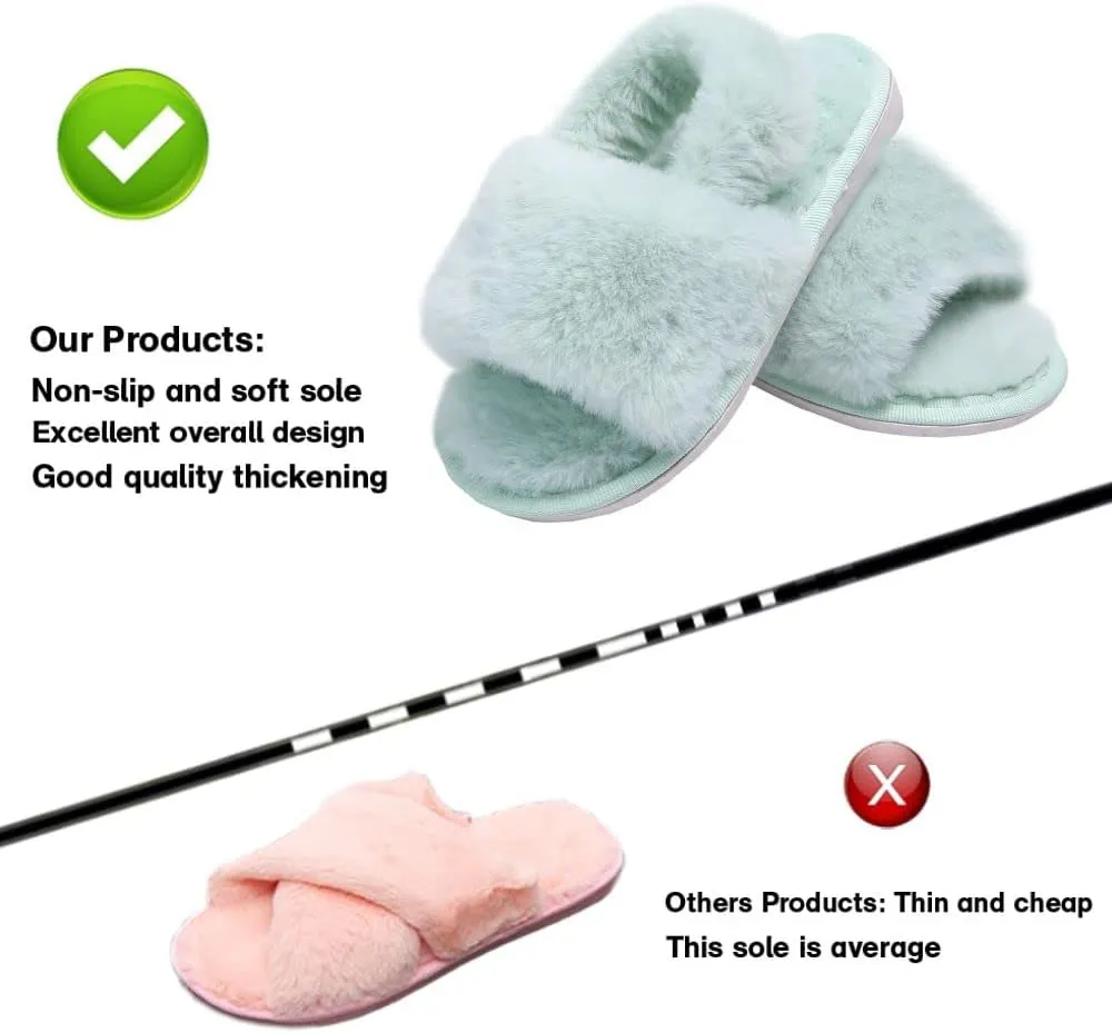 Girl's Fuzzy Fluffy Furry Slippers Cross Band Shoes Slides for Girls Fur Flip Flop Open Toe Slippers