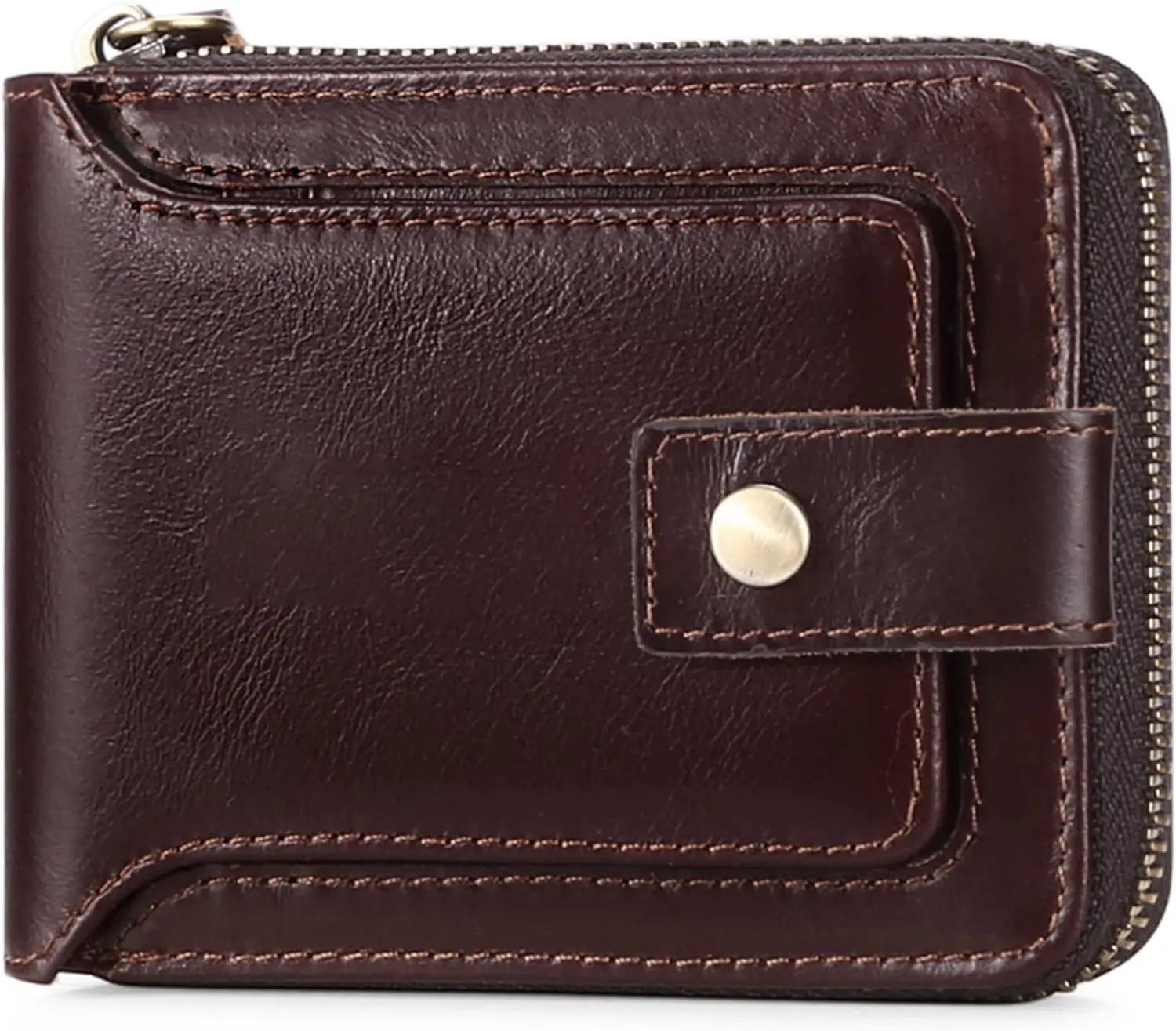 GOIACII Zipper Wallet for Men Genuine Leather RFID Blocking Mens Wallet with Zipper Coin Pocket ID Window Zipper Wallets Large Capacity