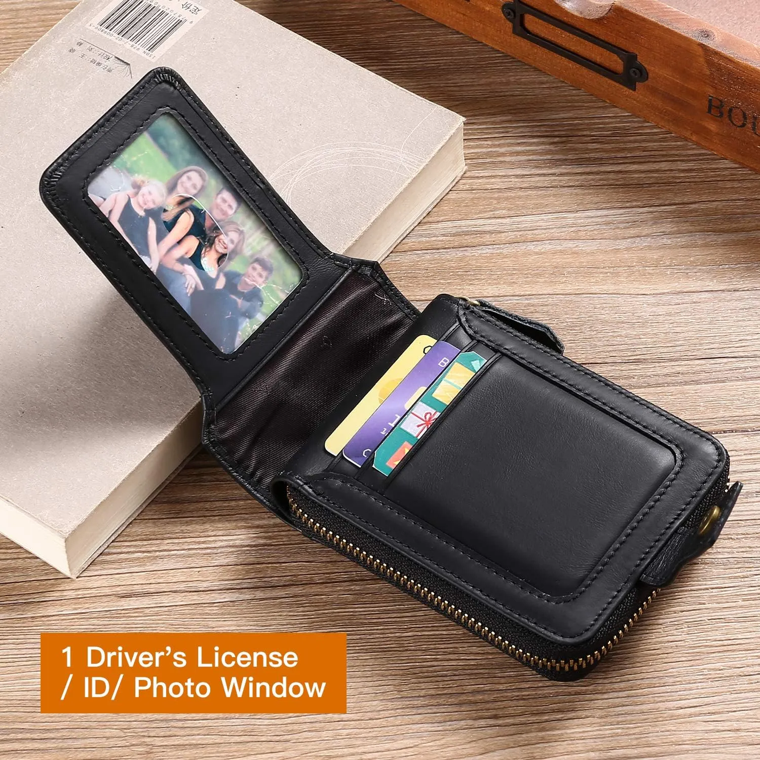 GOIACII Zipper Wallet for Men Genuine Leather RFID Blocking Mens Wallet with Zipper Coin Pocket ID Window Zipper Wallets Large Capacity