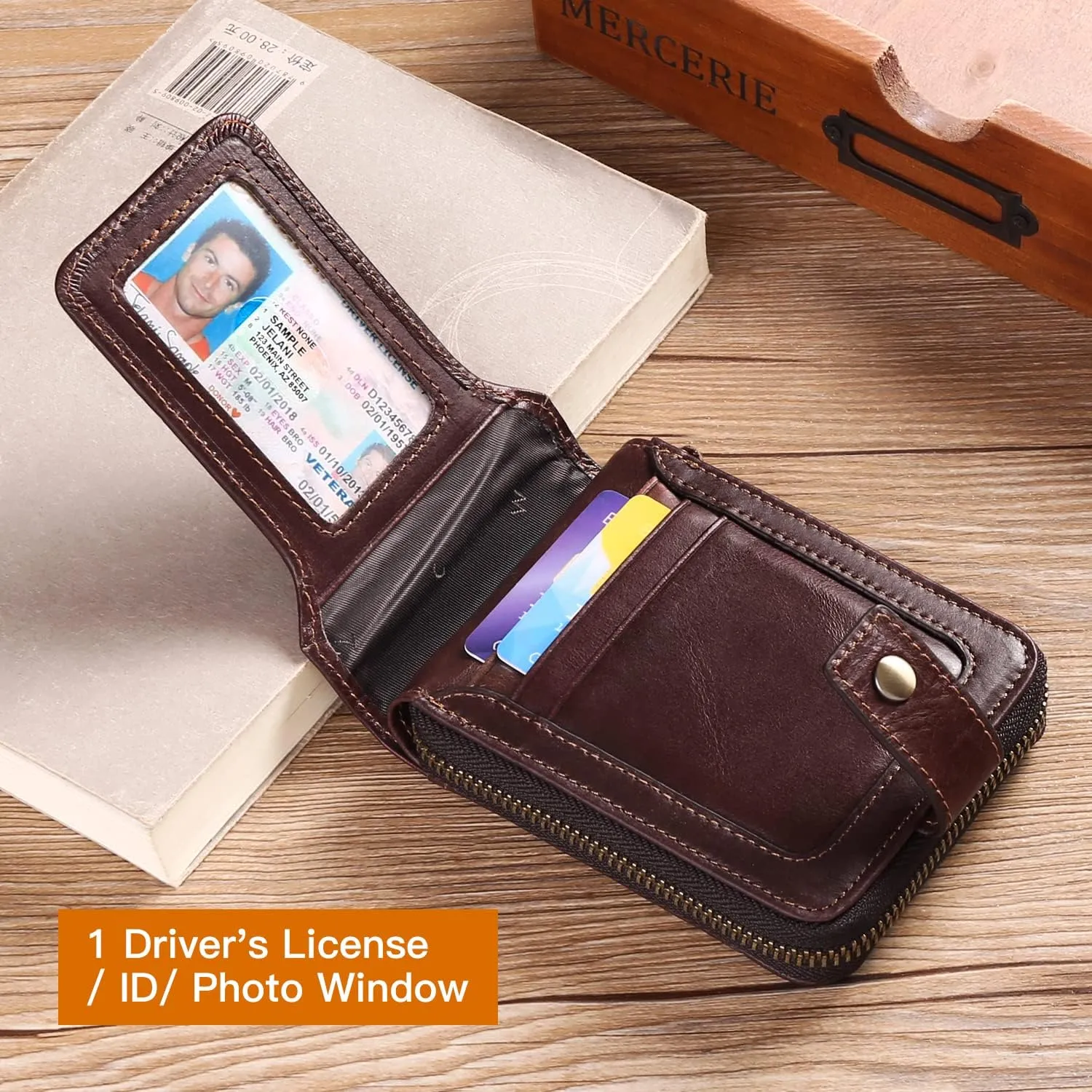 GOIACII Zipper Wallet for Men Genuine Leather RFID Blocking Mens Wallet with Zipper Coin Pocket ID Window Zipper Wallets Large Capacity