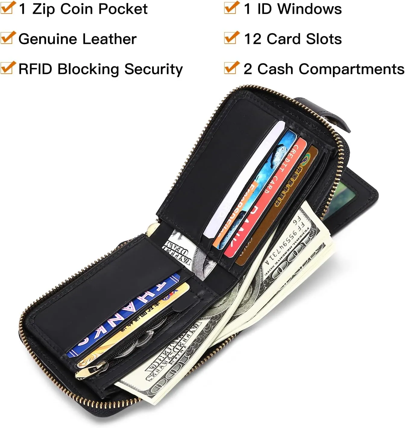 GOIACII Zipper Wallet for Men Genuine Leather RFID Blocking Mens Wallet with Zipper Coin Pocket ID Window Zipper Wallets Large Capacity