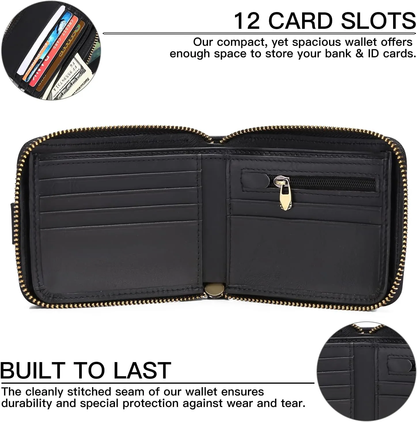 GOIACII Zipper Wallet for Men Genuine Leather RFID Blocking Mens Wallet with Zipper Coin Pocket ID Window Zipper Wallets Large Capacity