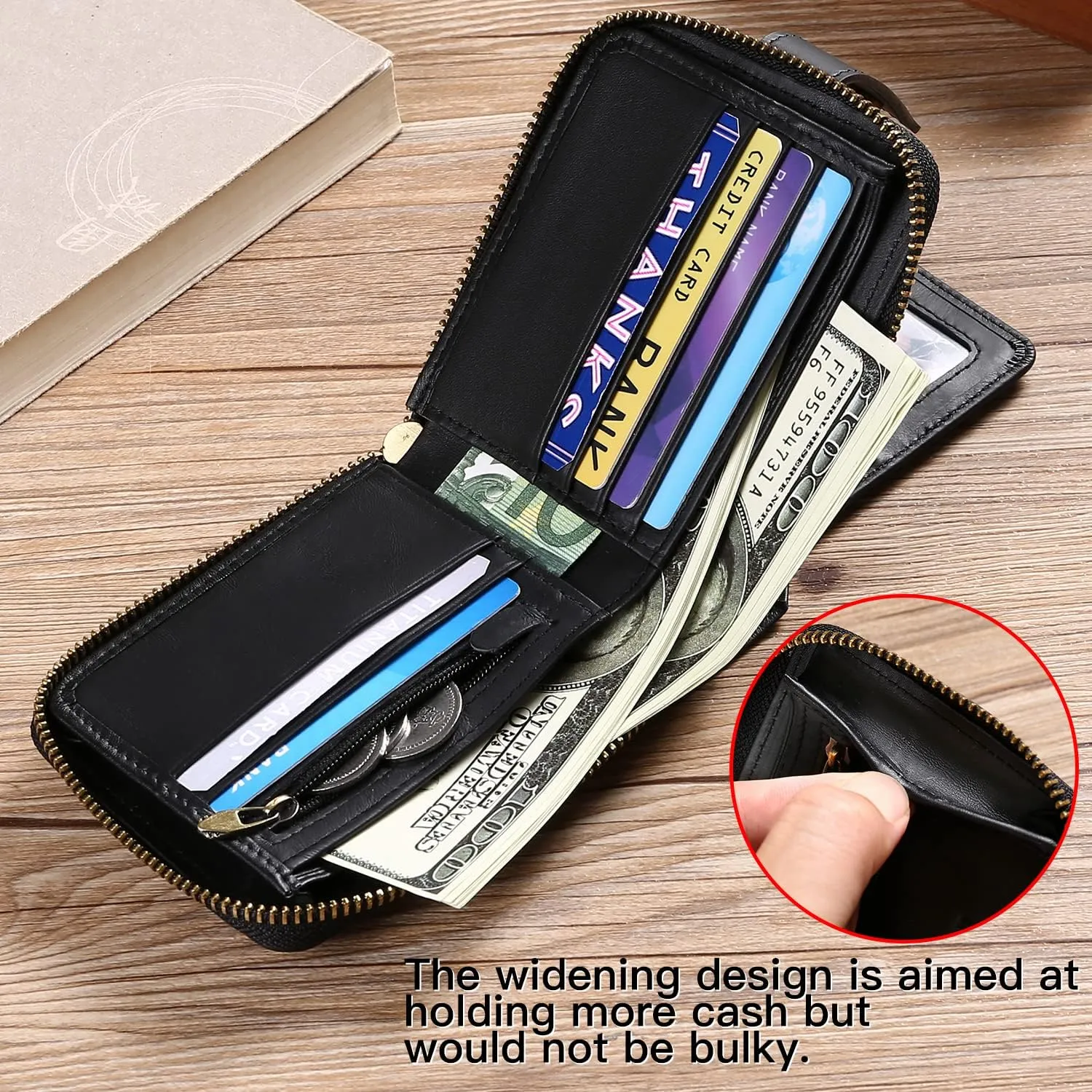 GOIACII Zipper Wallet for Men Genuine Leather RFID Blocking Mens Wallet with Zipper Coin Pocket ID Window Zipper Wallets Large Capacity
