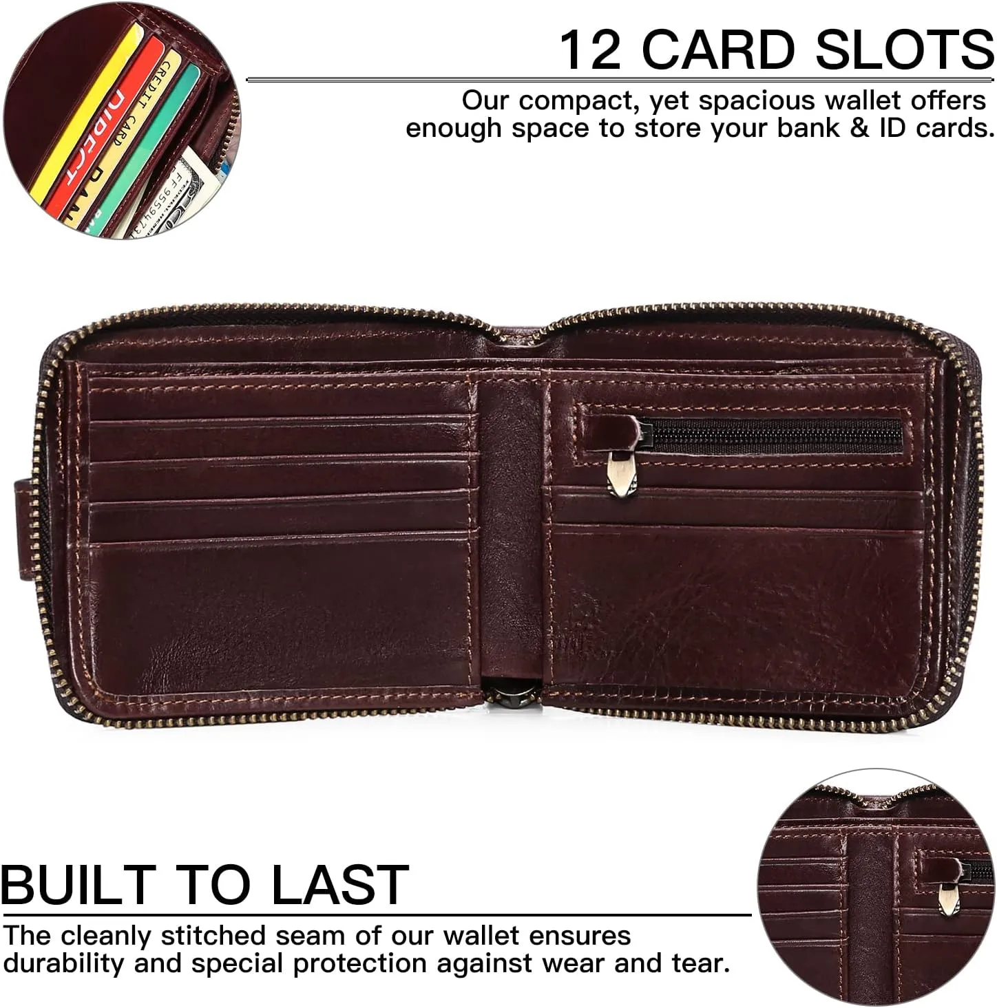 GOIACII Zipper Wallet for Men Genuine Leather RFID Blocking Mens Wallet with Zipper Coin Pocket ID Window Zipper Wallets Large Capacity