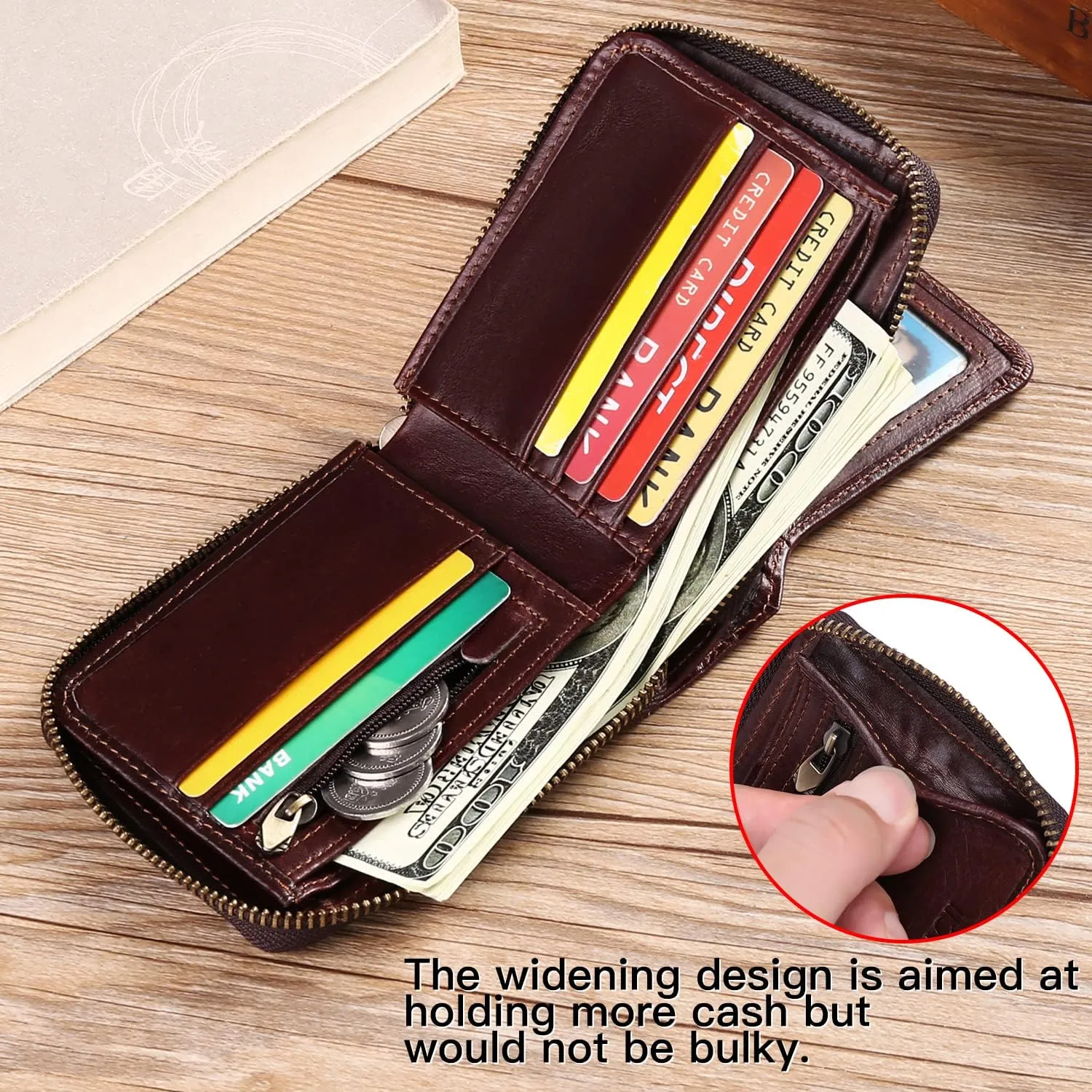 GOIACII Zipper Wallet for Men Genuine Leather RFID Blocking Mens Wallet with Zipper Coin Pocket ID Window Zipper Wallets Large Capacity