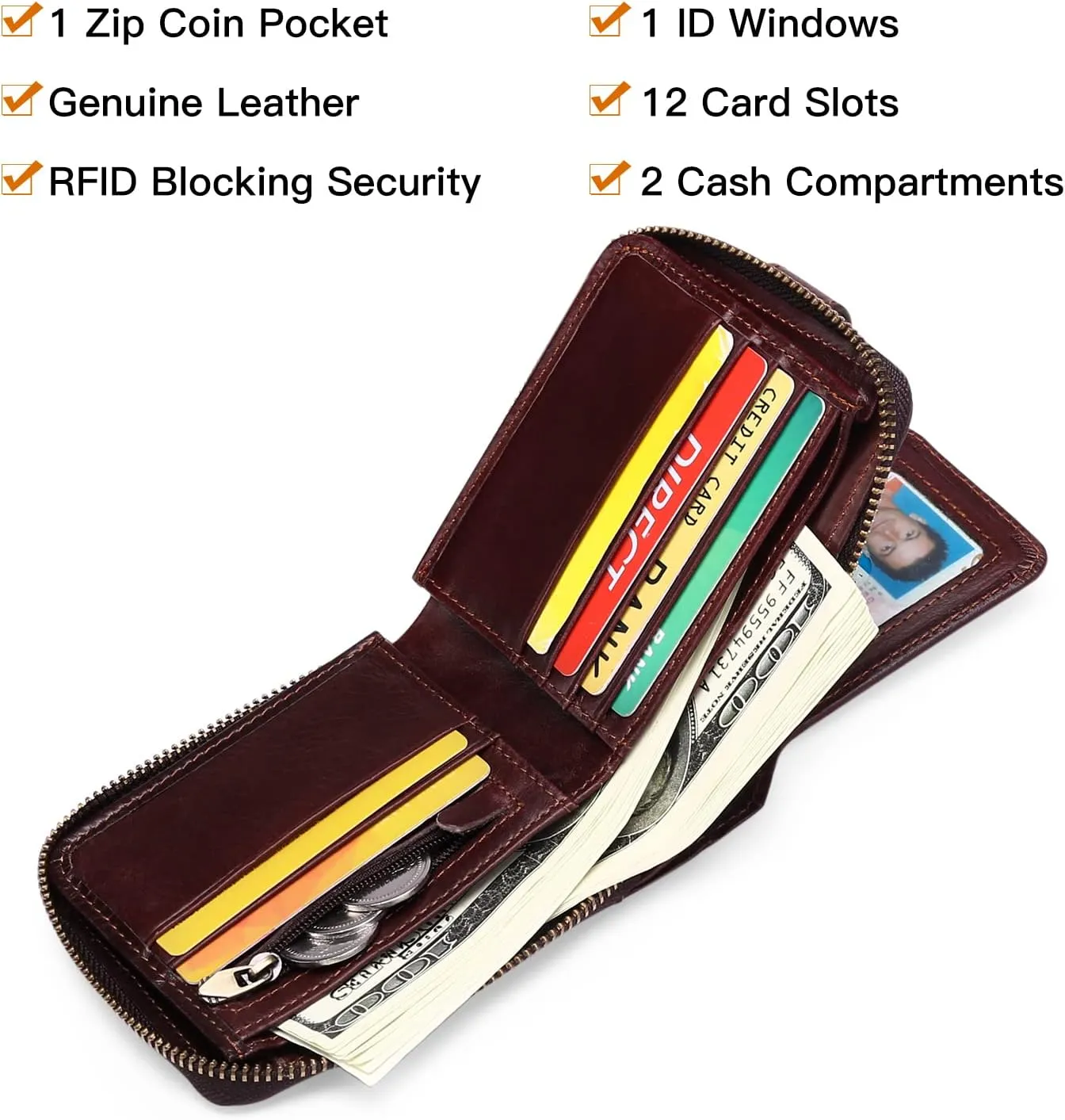 GOIACII Zipper Wallet for Men Genuine Leather RFID Blocking Mens Wallet with Zipper Coin Pocket ID Window Zipper Wallets Large Capacity
