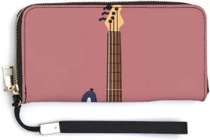 Guitar Bass Music Musical Instruments Wallet Leather Zipper Around Clutch Wallet Large Capacity Purse with Wristlet Strap