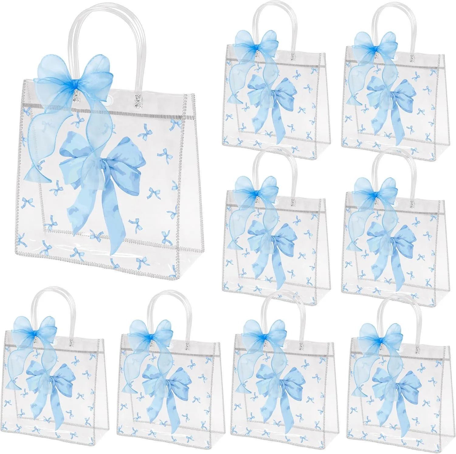 H1vojoxo Blue Bow Gift Bags - 24PCS Blue Coquette Bow Gift Clear Bags with DIY Ribbon 7.87x3.2x7.87 Inch Clear PVC Tote Bag with Handle Reusable PVC Gift Wrap Bag for Baby Shower Birthday Wedding Party