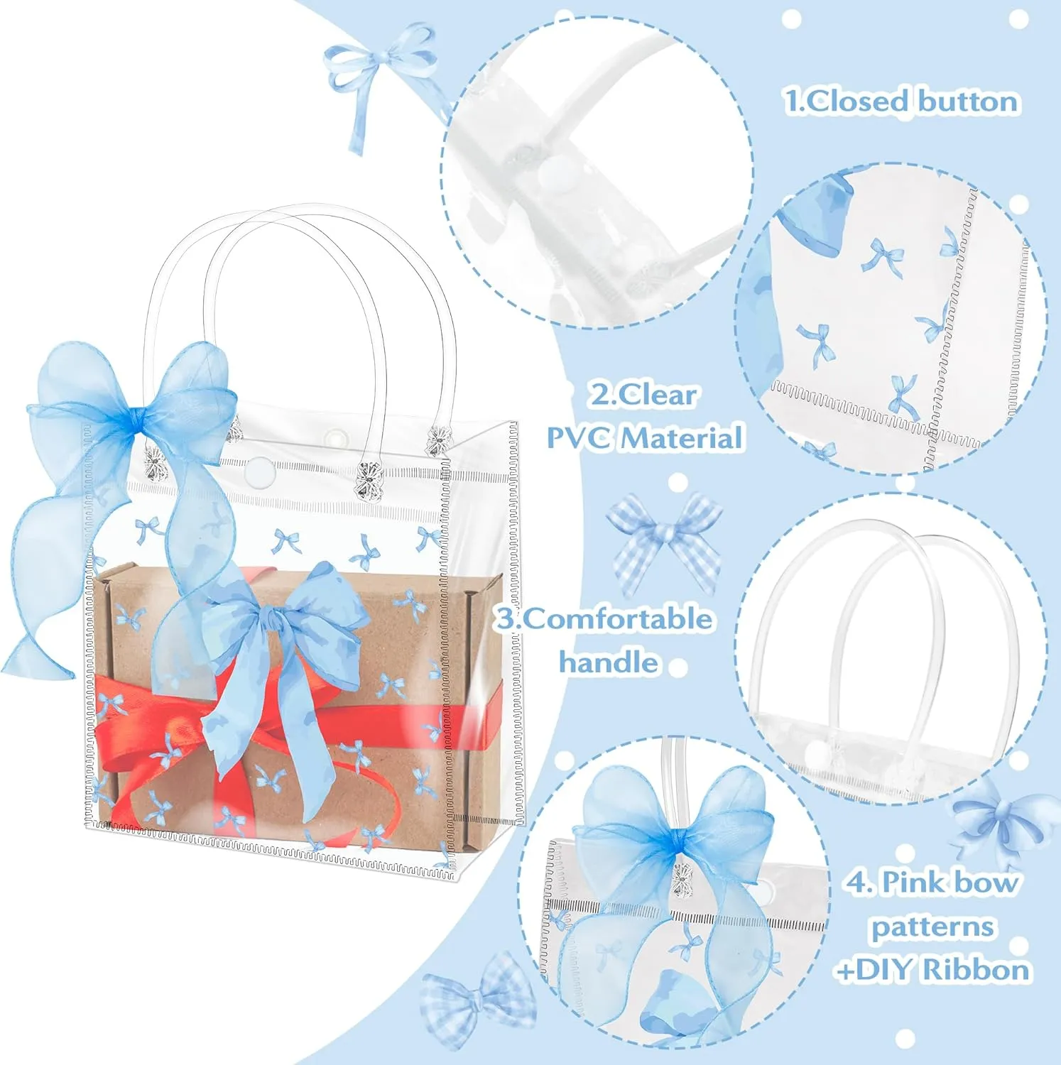 H1vojoxo Blue Bow Gift Bags - 24PCS Blue Coquette Bow Gift Clear Bags with DIY Ribbon 7.87x3.2x7.87 Inch Clear PVC Tote Bag with Handle Reusable PVC Gift Wrap Bag for Baby Shower Birthday Wedding Party