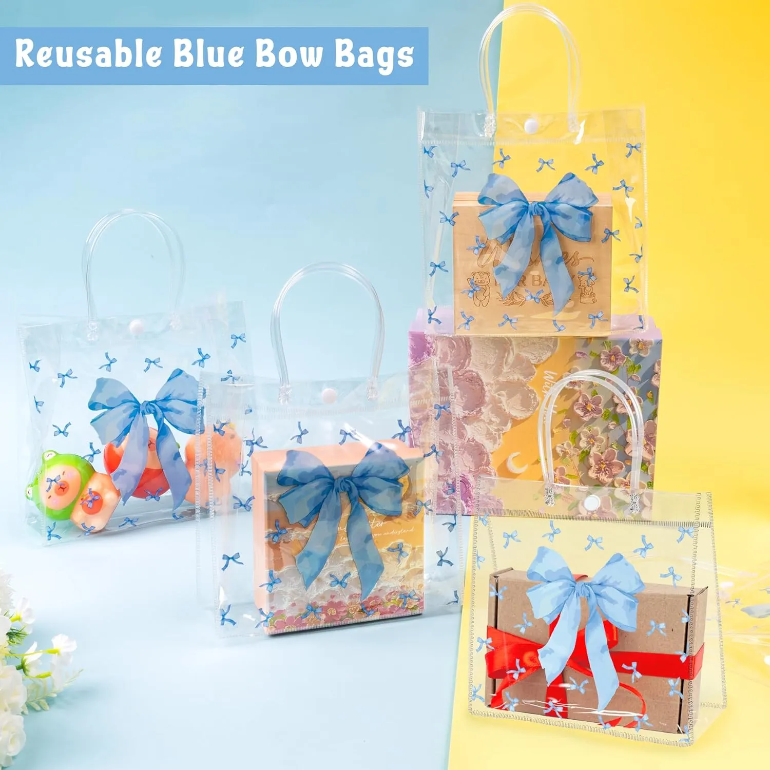 H1vojoxo Blue Bow Gift Bags - 24PCS Blue Coquette Bow Gift Clear Bags with DIY Ribbon 7.87x3.2x7.87 Inch Clear PVC Tote Bag with Handle Reusable PVC Gift Wrap Bag for Baby Shower Birthday Wedding Party