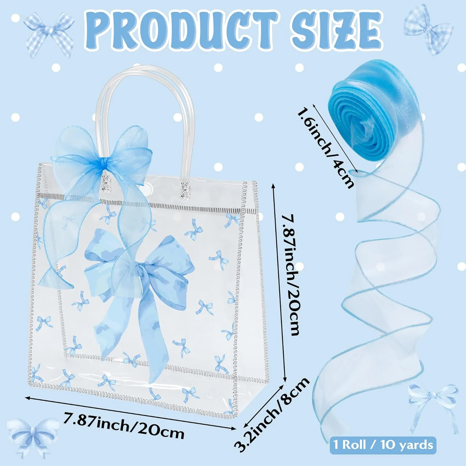 H1vojoxo Blue Bow Gift Bags - 24PCS Blue Coquette Bow Gift Clear Bags with DIY Ribbon 7.87x3.2x7.87 Inch Clear PVC Tote Bag with Handle Reusable PVC Gift Wrap Bag for Baby Shower Birthday Wedding Party