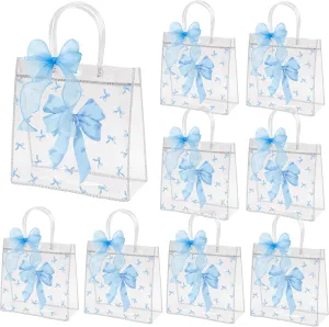 H1vojoxo Blue Bow Gift Bags - 24PCS Blue Coquette Bow Gift Clear Bags with DIY Ribbon 7.87x3.2x7.87 Inch Clear PVC Tote Bag with Handle Reusable PVC Gift Wrap Bag for Baby Shower Birthday Wedding Party