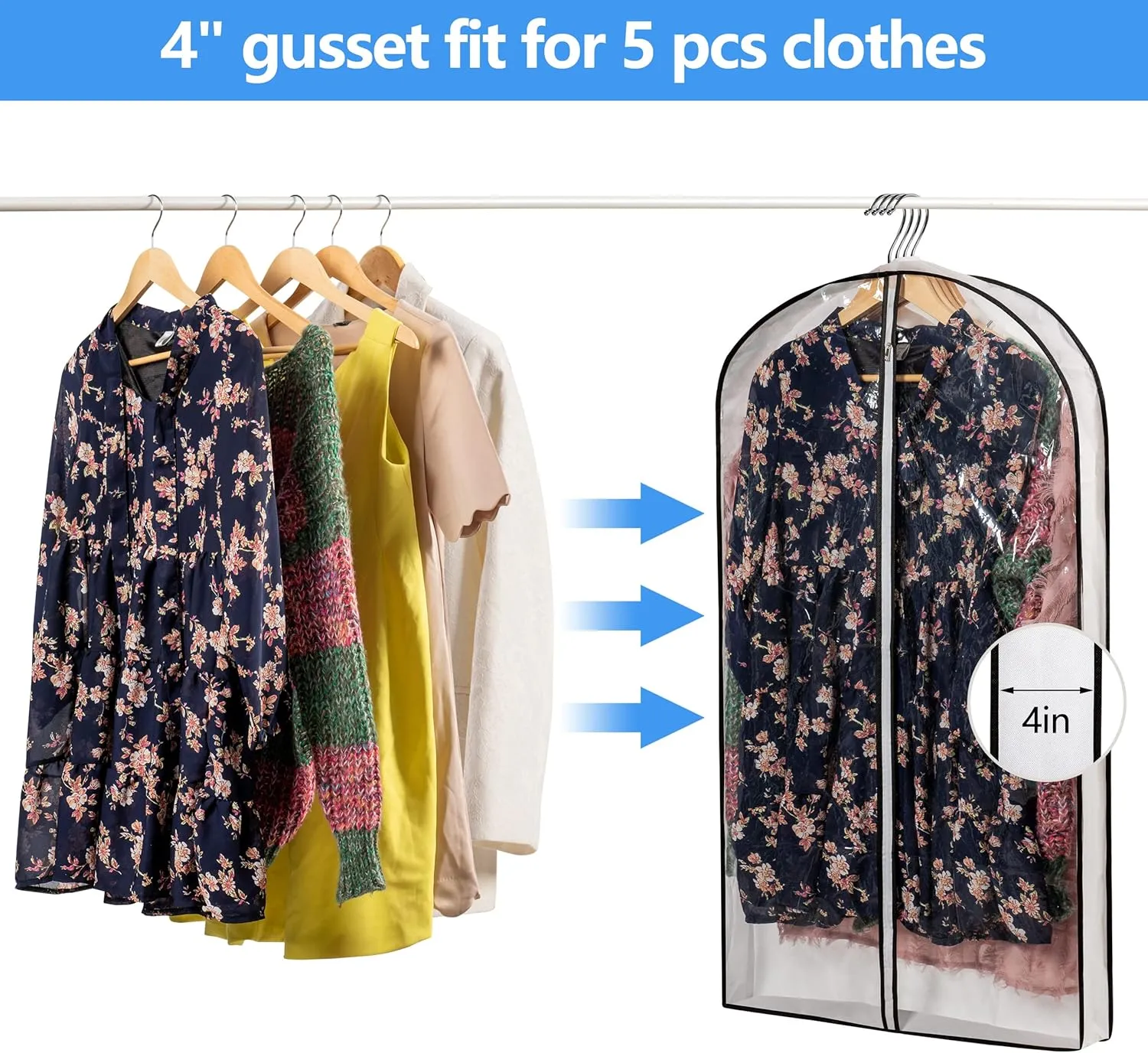 Hanging Clothes Storage with 4" Gusseted Garment Covers (Set of 6) - Clear Suit, Dress, Sweater, Shirt Protectors - 24"x 40"x 4" / 6 Pack