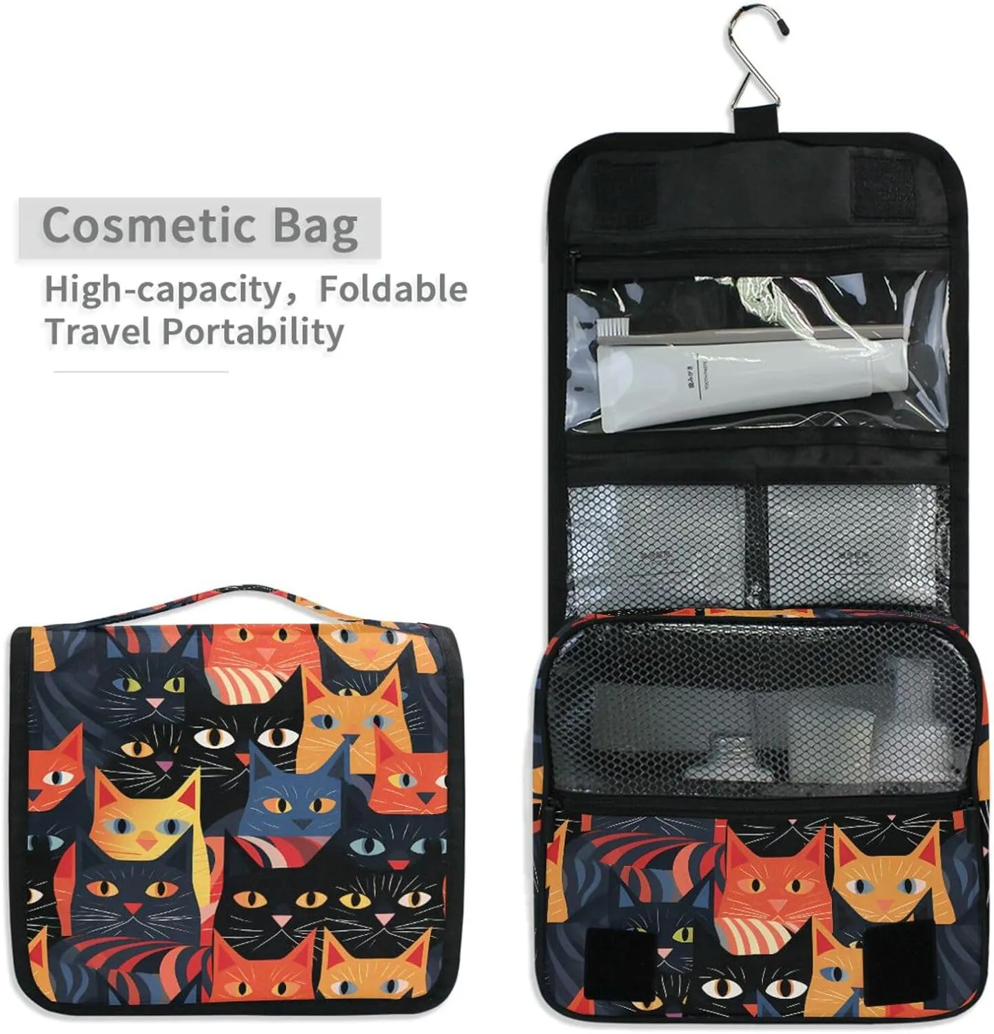 Hanging Toiletry Bag Black Cat Travel Makeup bag for Toiletries Portable Travel Toiletry Organizer Cosmetic Bags with Hanging Hook