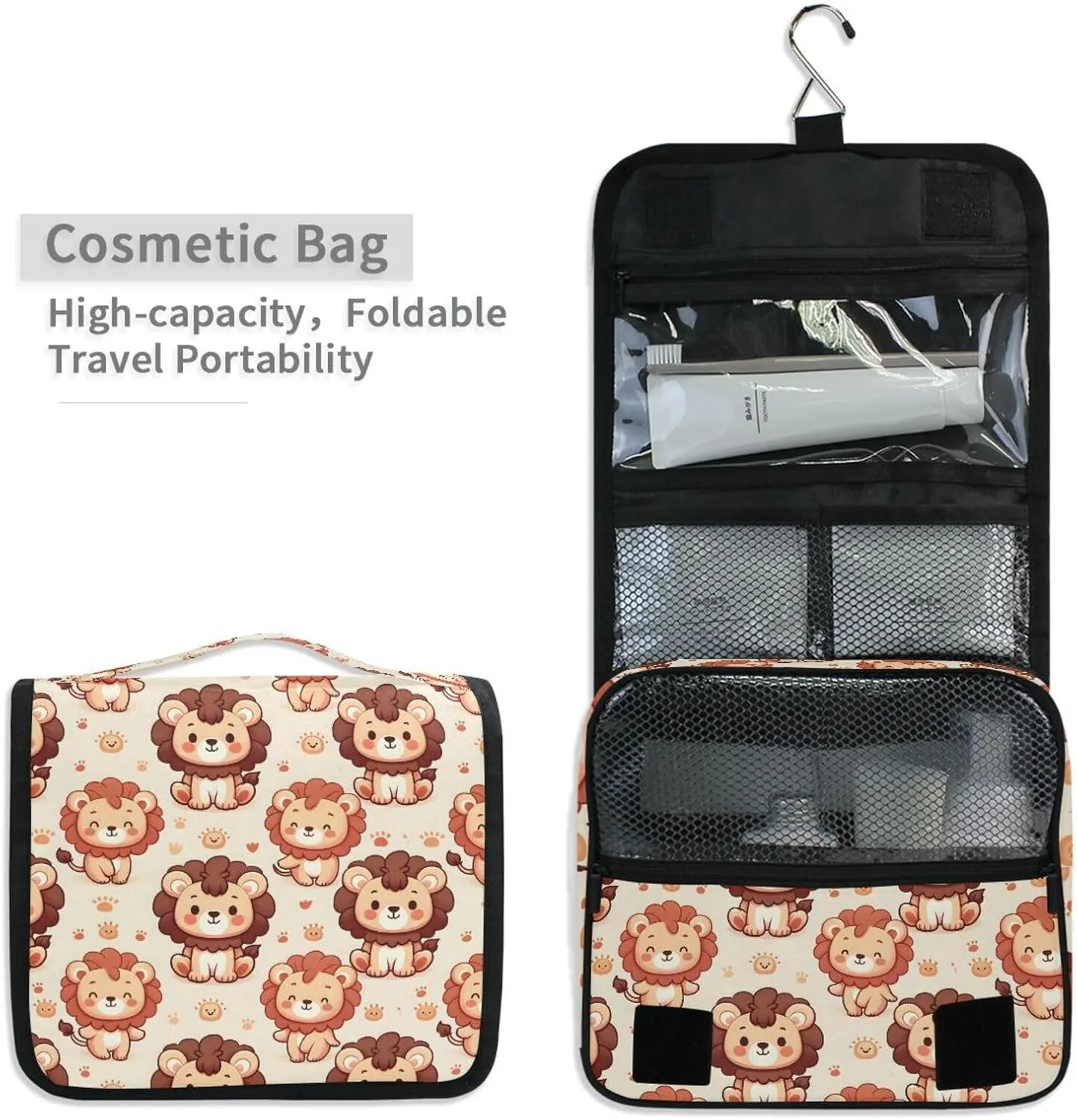 Hanging Toiletry Bag Cute Lion Travel Makeup bag for Toiletries Portable Travel Toiletry Organizer Cosmetic Bags with Hanging Hook