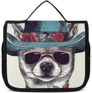 Hanging Toiletry Bag for Women Men Portable Waterproof Makeup Bag Organizer Chihuahua Dog Wearing Hat Travel Toiletry Bag