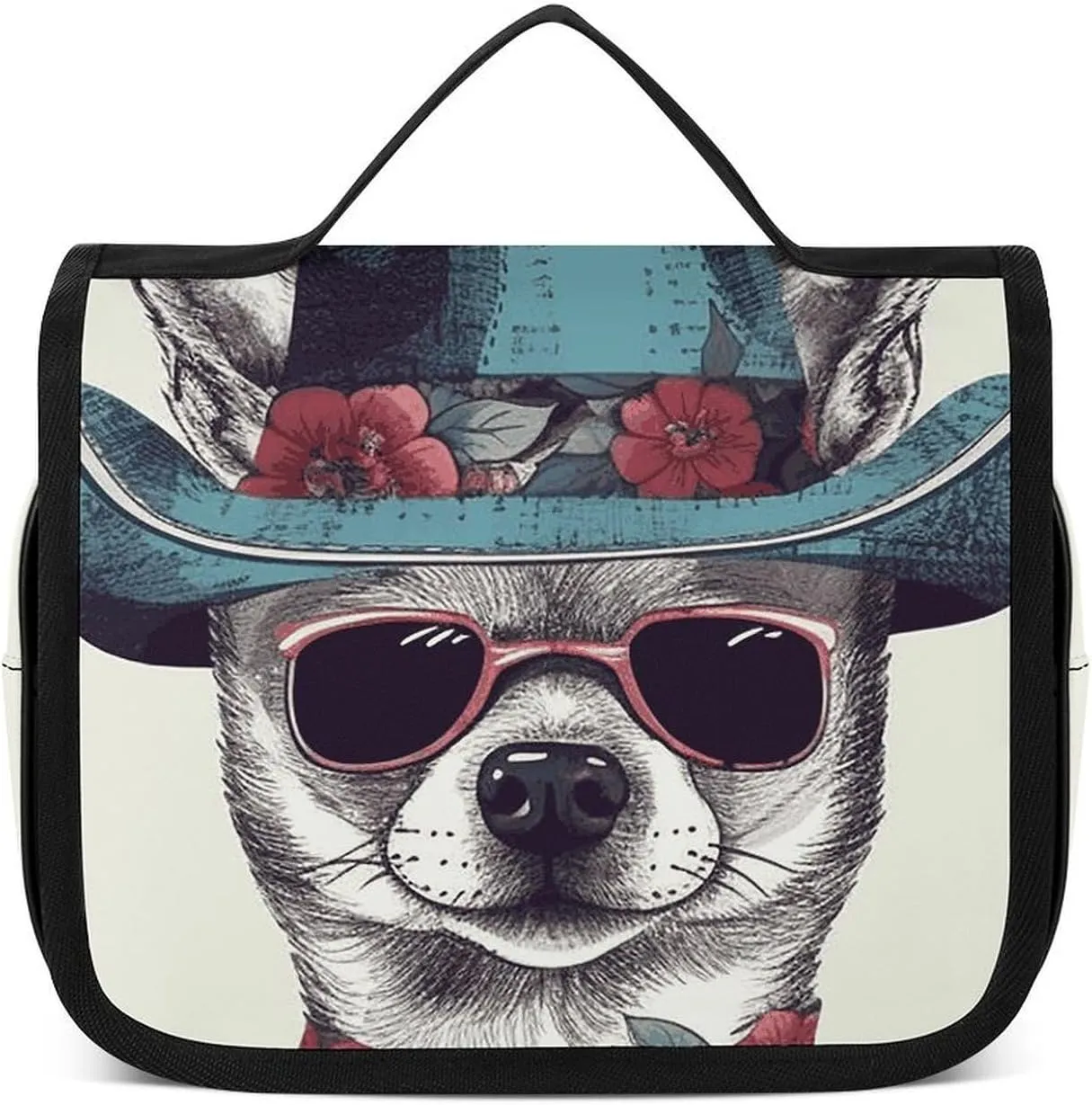 Hanging Toiletry Bag for Women Men Portable Waterproof Makeup Bag Organizer Chihuahua Dog Wearing Hat Travel Toiletry Bag