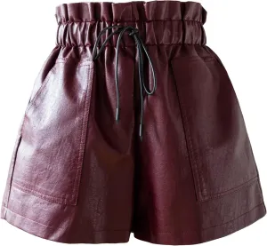 High Waisted Wide Leg Black Faux Leather Shorts for Women