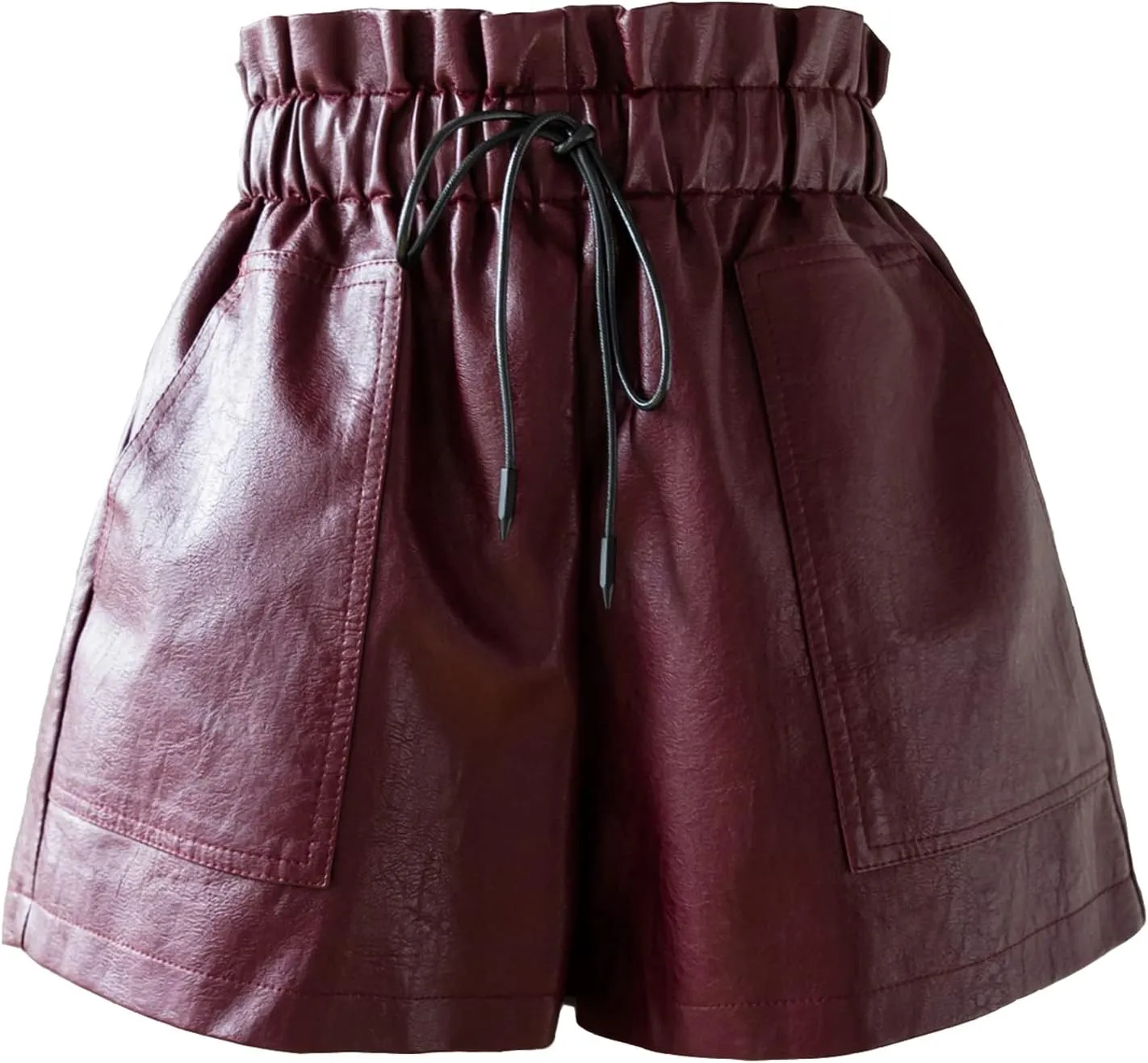 High Waisted Wide Leg Black Faux Leather Shorts for Women