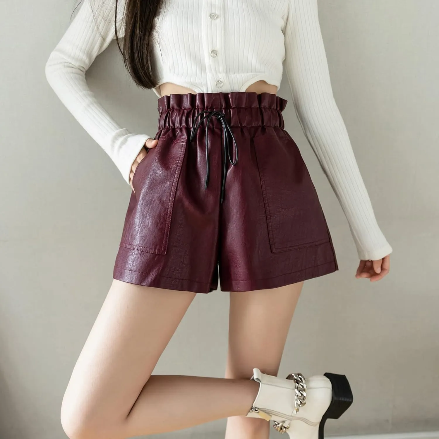 High Waisted Wide Leg Black Faux Leather Shorts for Women