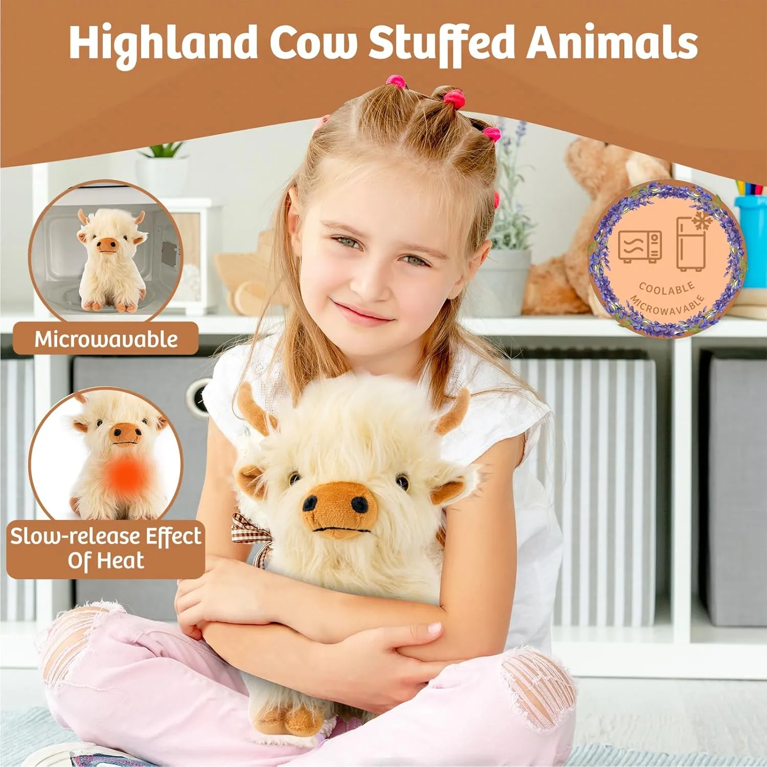 Highland Cow Stuffed Animal Toy, White Microwavable Highland Cow Gift for Girls and Kids