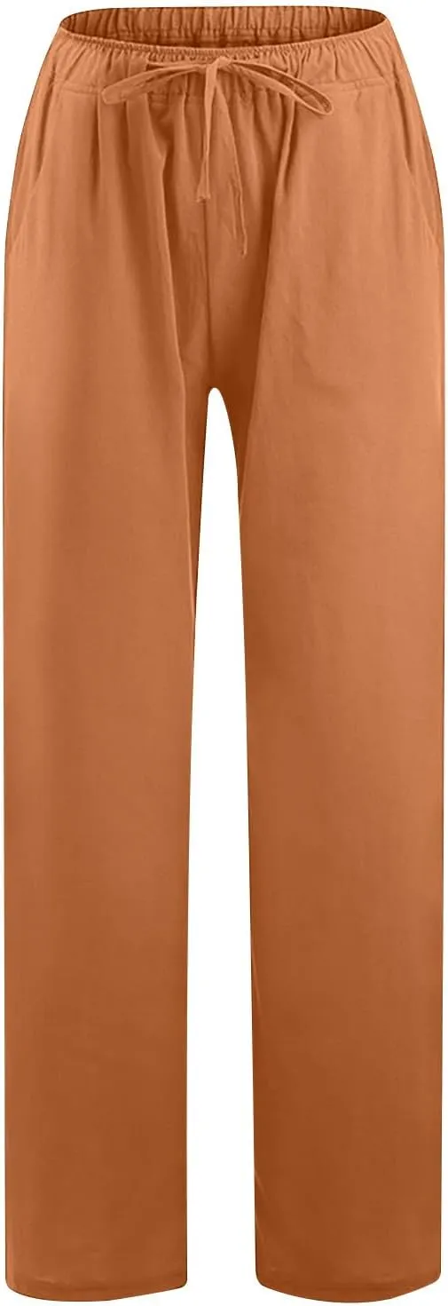 hlysgo Cotton Linen Pants Women High Waist Drawstring Wide Leg Casual Pants 2025 Summer Loose Comfy Beach Pants with Pockets