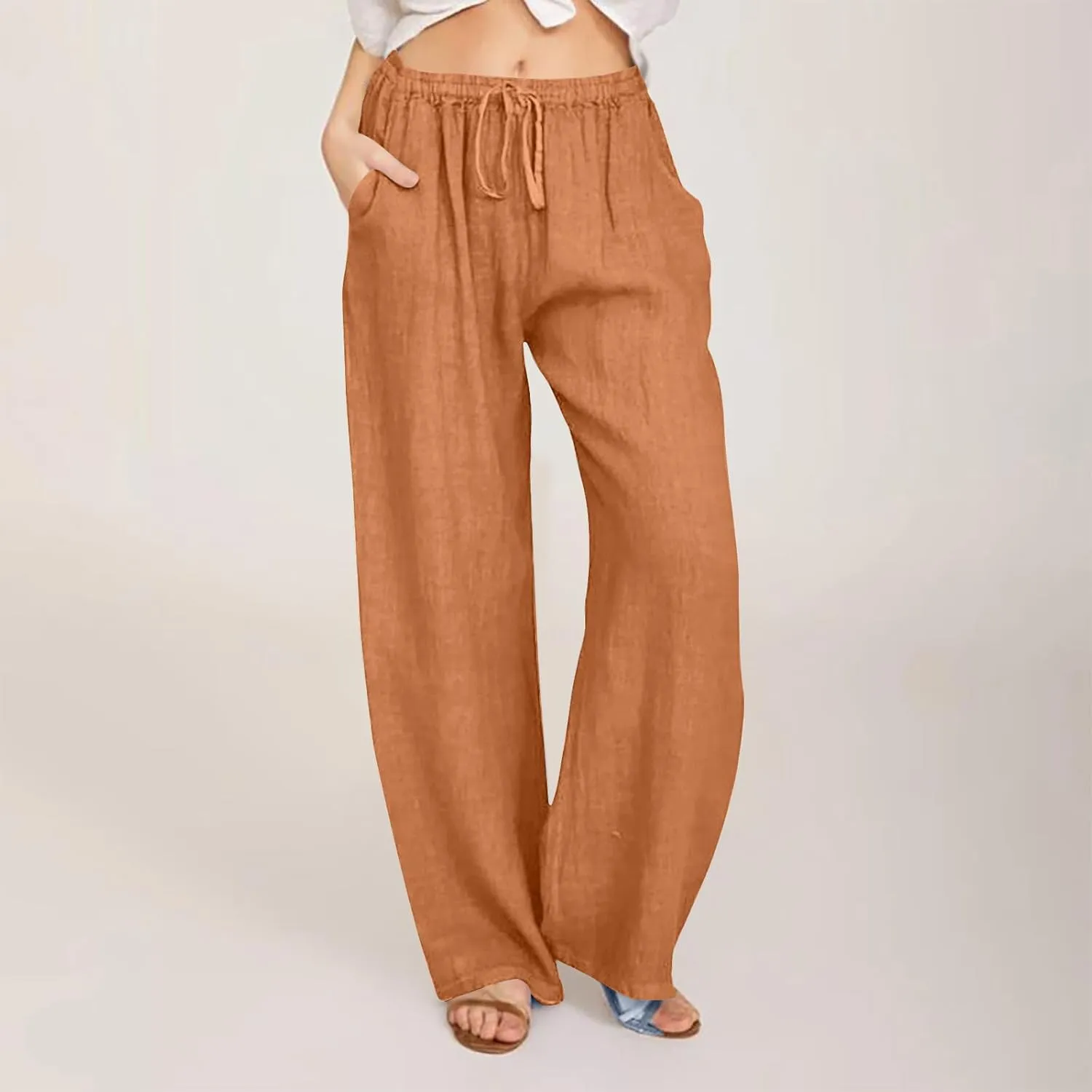 hlysgo Cotton Linen Pants Women High Waist Drawstring Wide Leg Casual Pants 2025 Summer Loose Comfy Beach Pants with Pockets
