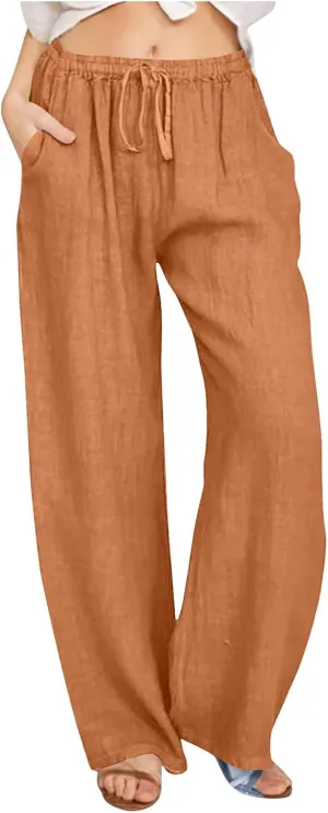 hlysgo Cotton Linen Pants Women High Waist Drawstring Wide Leg Casual Pants 2025 Summer Loose Comfy Beach Pants with Pockets