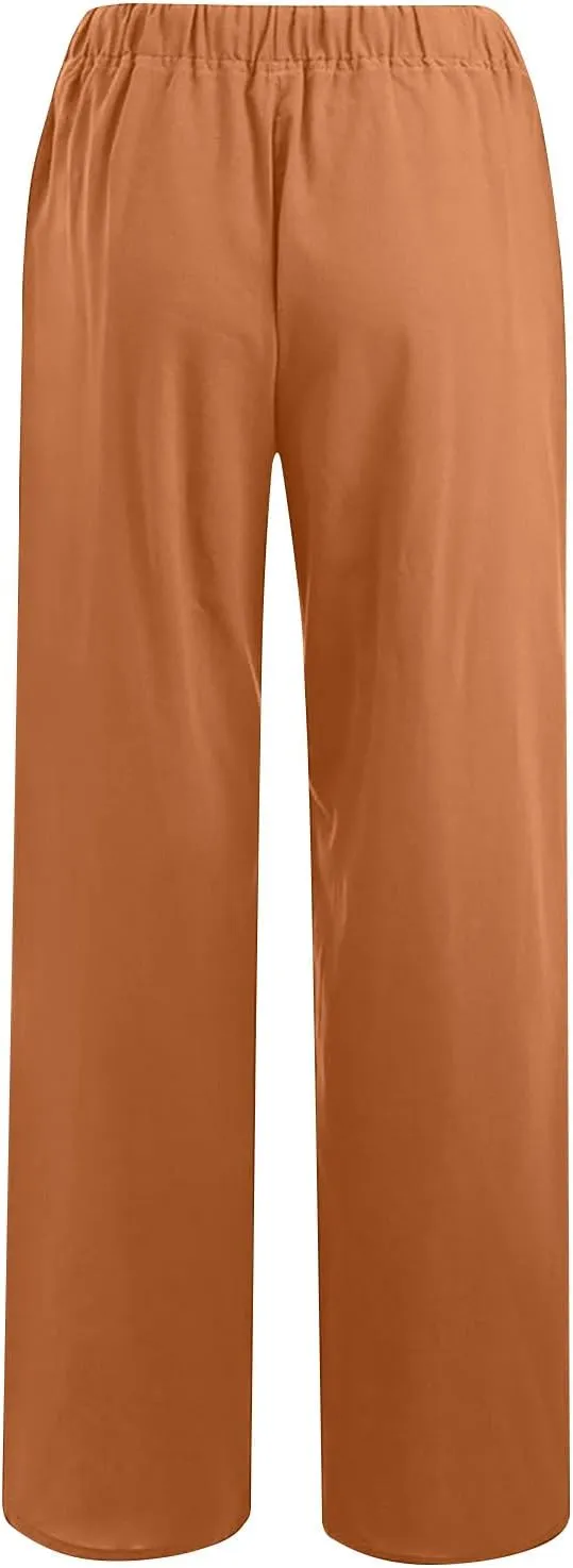 hlysgo Cotton Linen Pants Women High Waist Drawstring Wide Leg Casual Pants 2025 Summer Loose Comfy Beach Pants with Pockets
