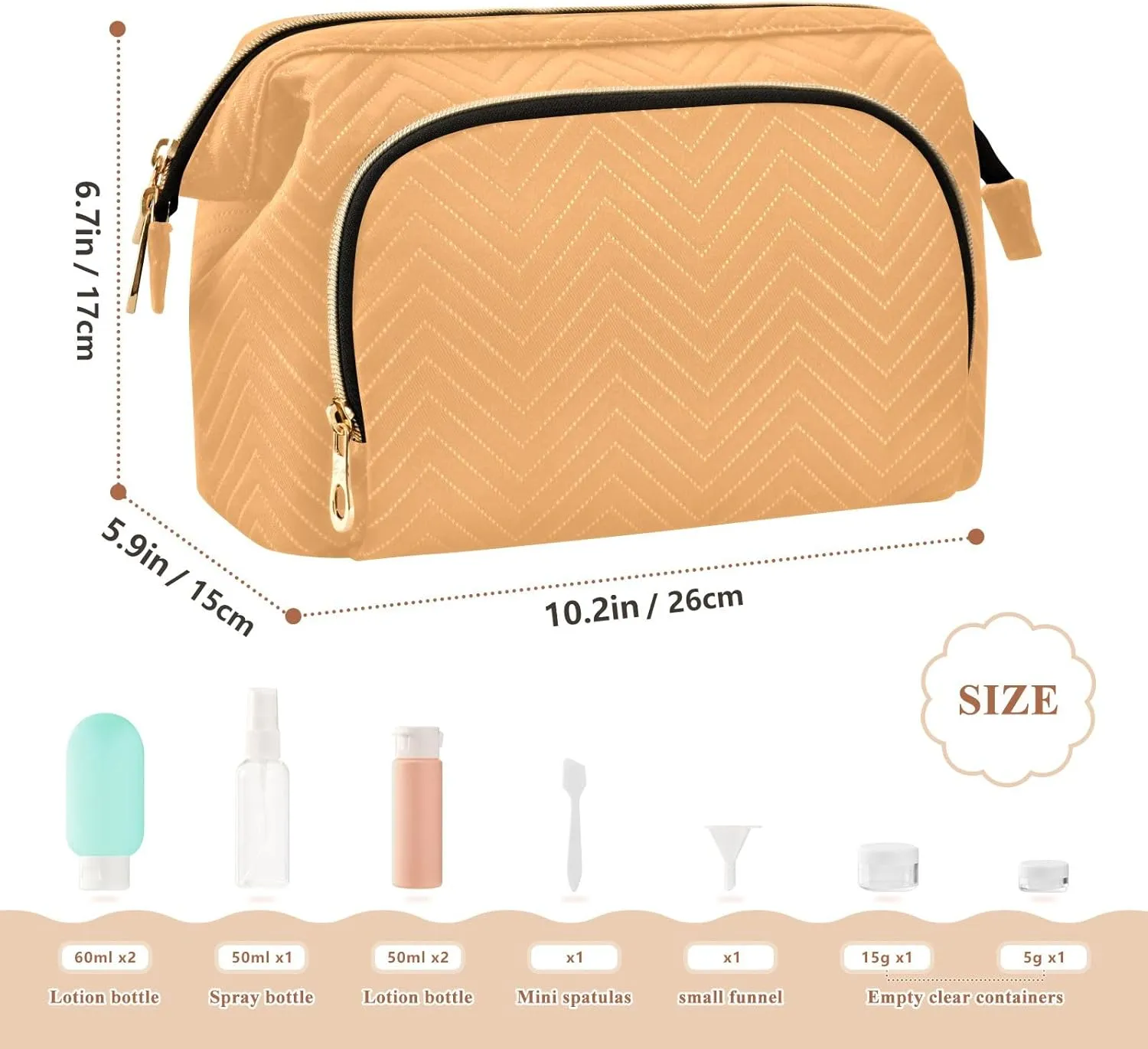 Honey Orange Quilted Cosmetic Bag with 9-Piece Accessory Set, Travel Makeup Organizer Case Travel Cosmetic Bag Organizer Bag for Makeup