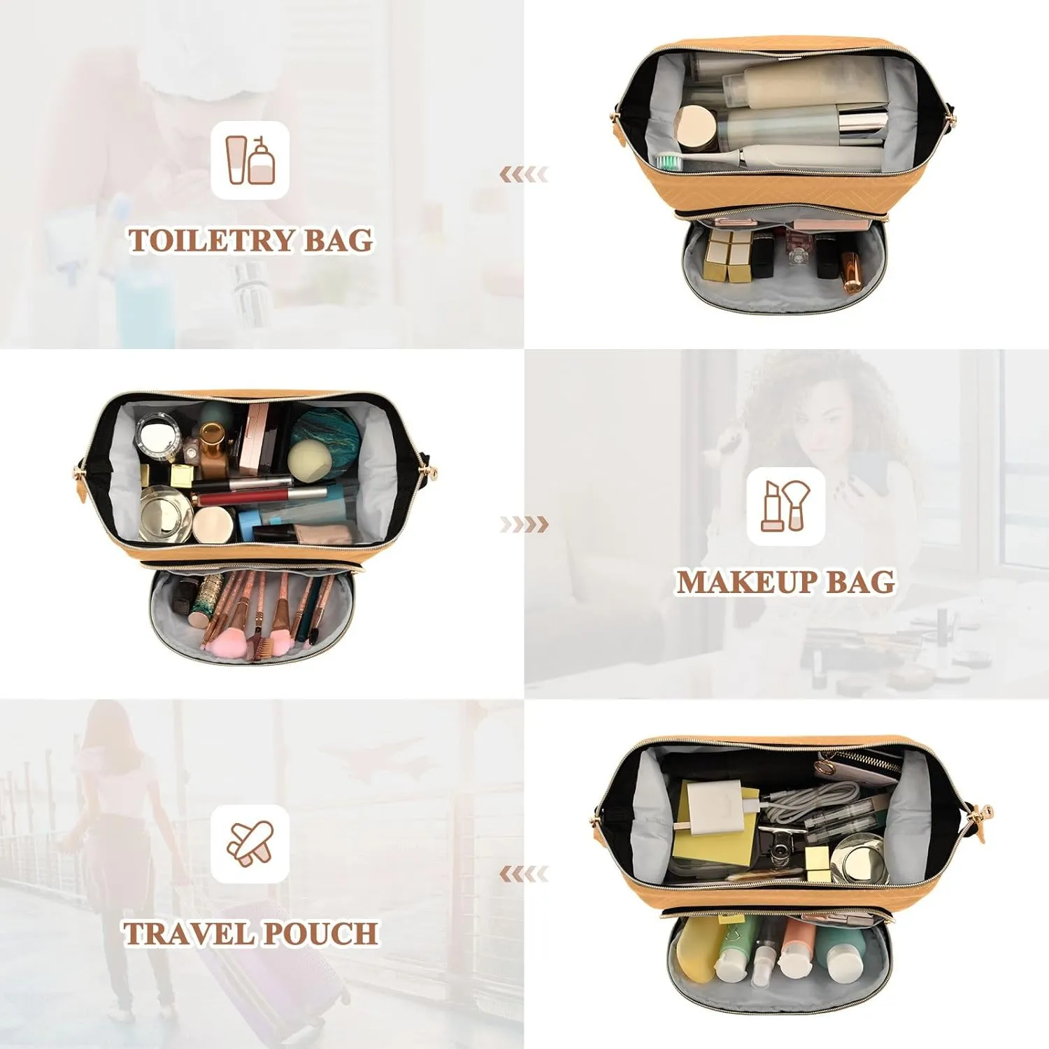 Honey Orange Quilted Cosmetic Bag with 9-Piece Accessory Set, Travel Makeup Organizer Case Travel Cosmetic Bag Organizer Bag for Makeup