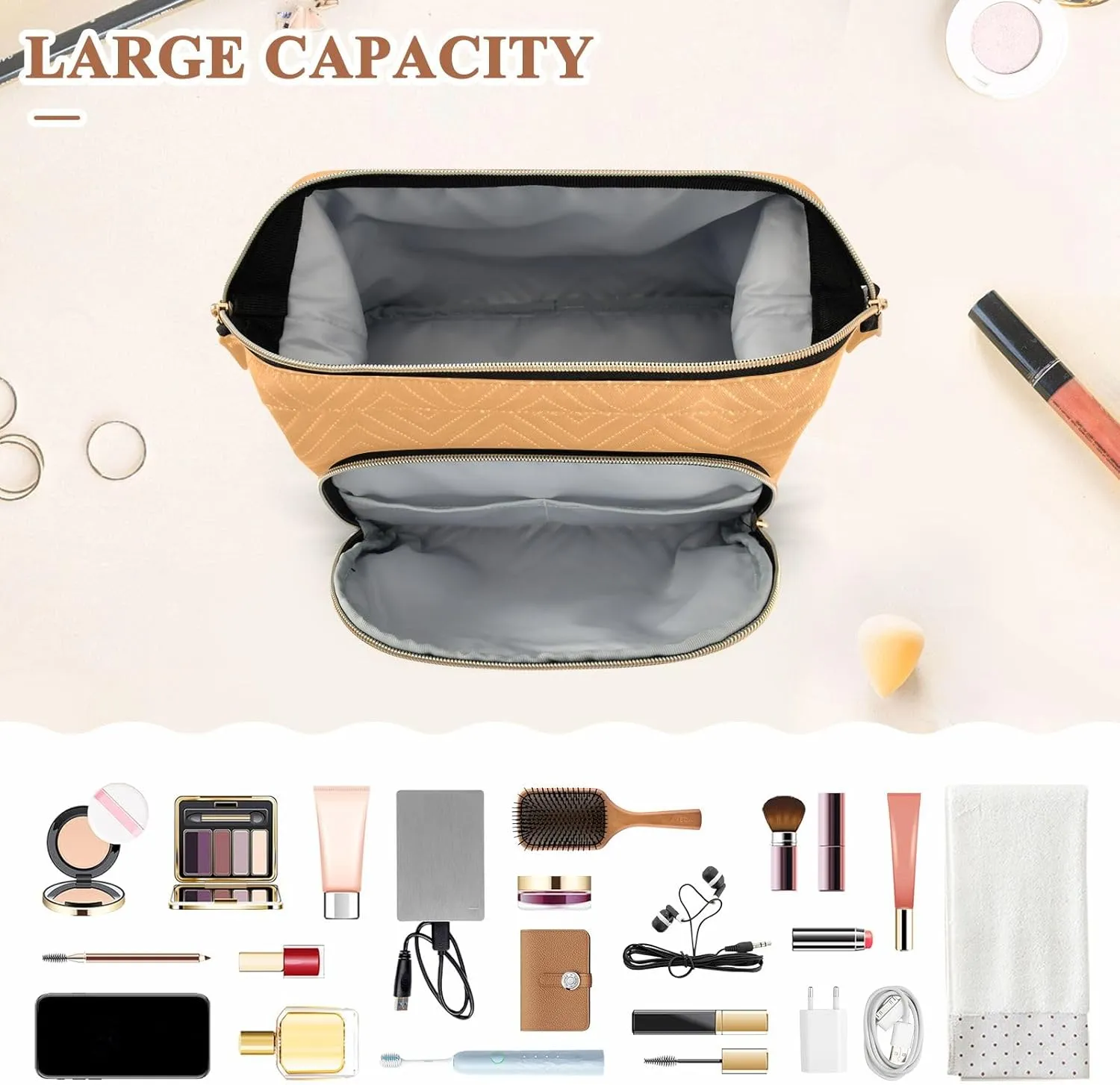 Honey Orange Quilted Cosmetic Bag with 9-Piece Accessory Set, Travel Makeup Organizer Case Travel Cosmetic Bag Organizer Bag for Makeup