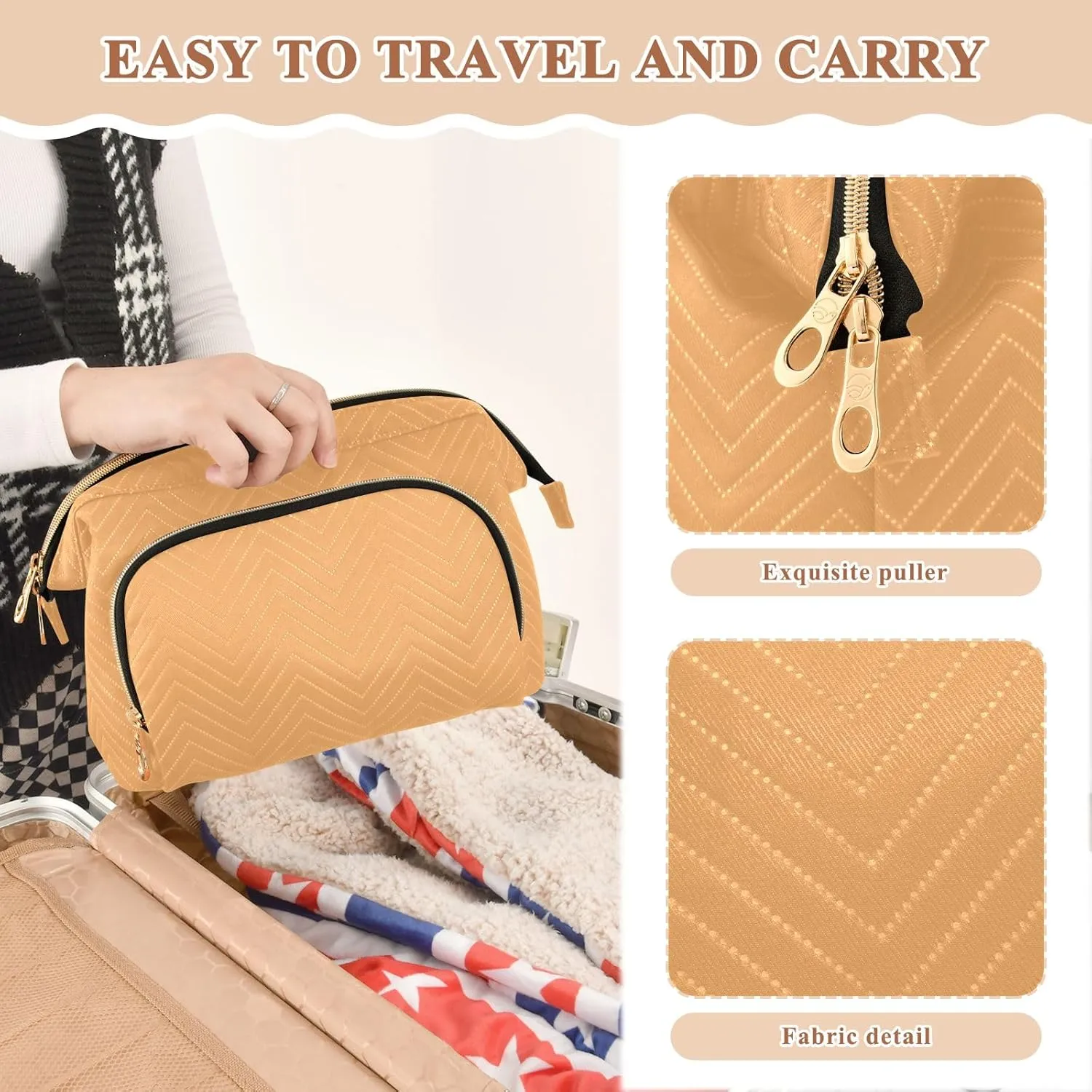 Honey Orange Quilted Cosmetic Bag with 9-Piece Accessory Set, Travel Makeup Organizer Case Travel Cosmetic Bag Organizer Bag for Makeup