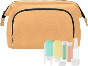 Honey Orange Quilted Cosmetic Bag with 9-Piece Accessory Set, Travel Makeup Organizer Case Travel Cosmetic Bag Organizer Bag for Makeup