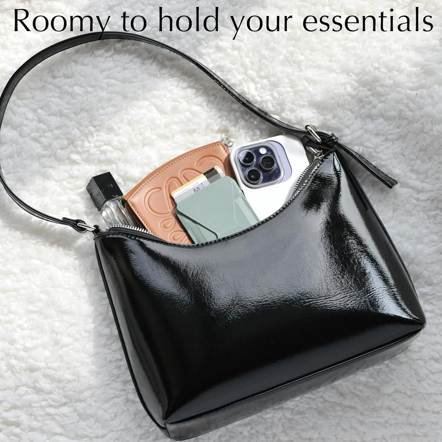 HOXIS Minimalist Faux Patent Leather Shoulder Bag Shiny Women Purse Y2K Style
