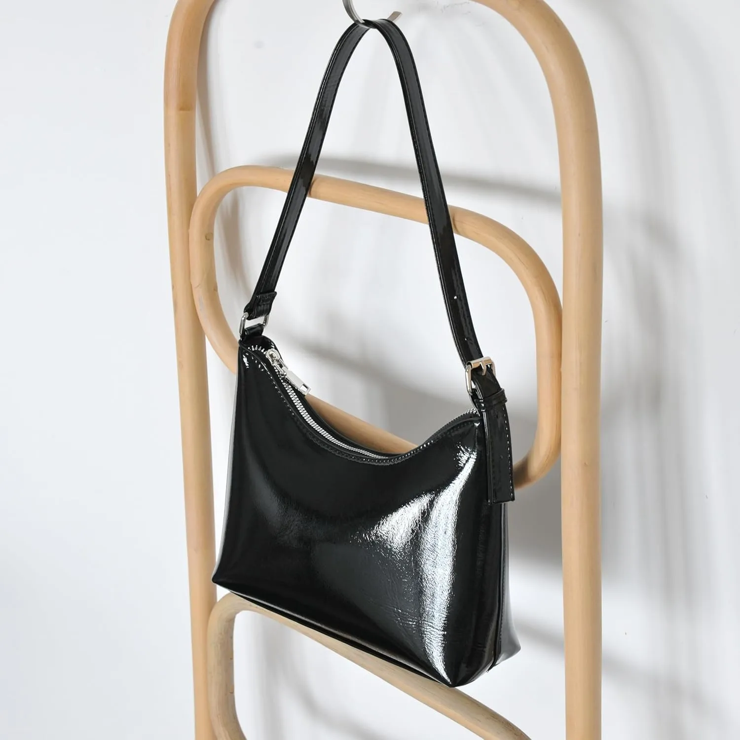 HOXIS Minimalist Faux Patent Leather Shoulder Bag Shiny Women Purse Y2K Style