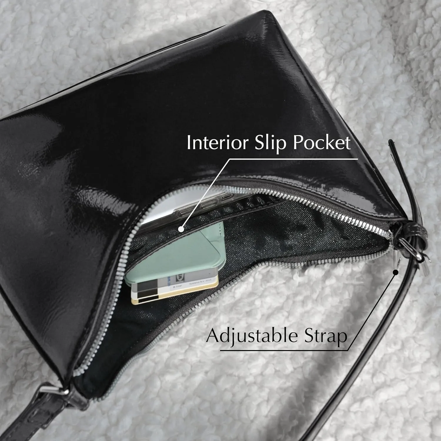 HOXIS Minimalist Faux Patent Leather Shoulder Bag Shiny Women Purse Y2K Style