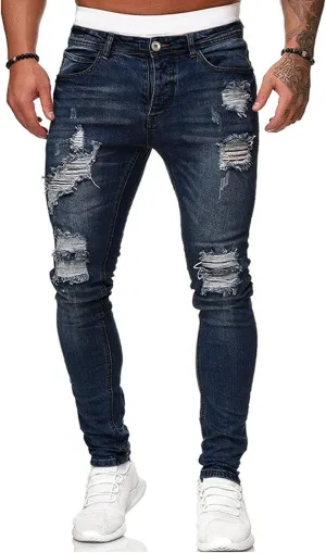 HUNGSON Men's Blue Slim Fit Jeans Stretch Destroyed Ripped Skinny Jeans Side Striped Denim Pants