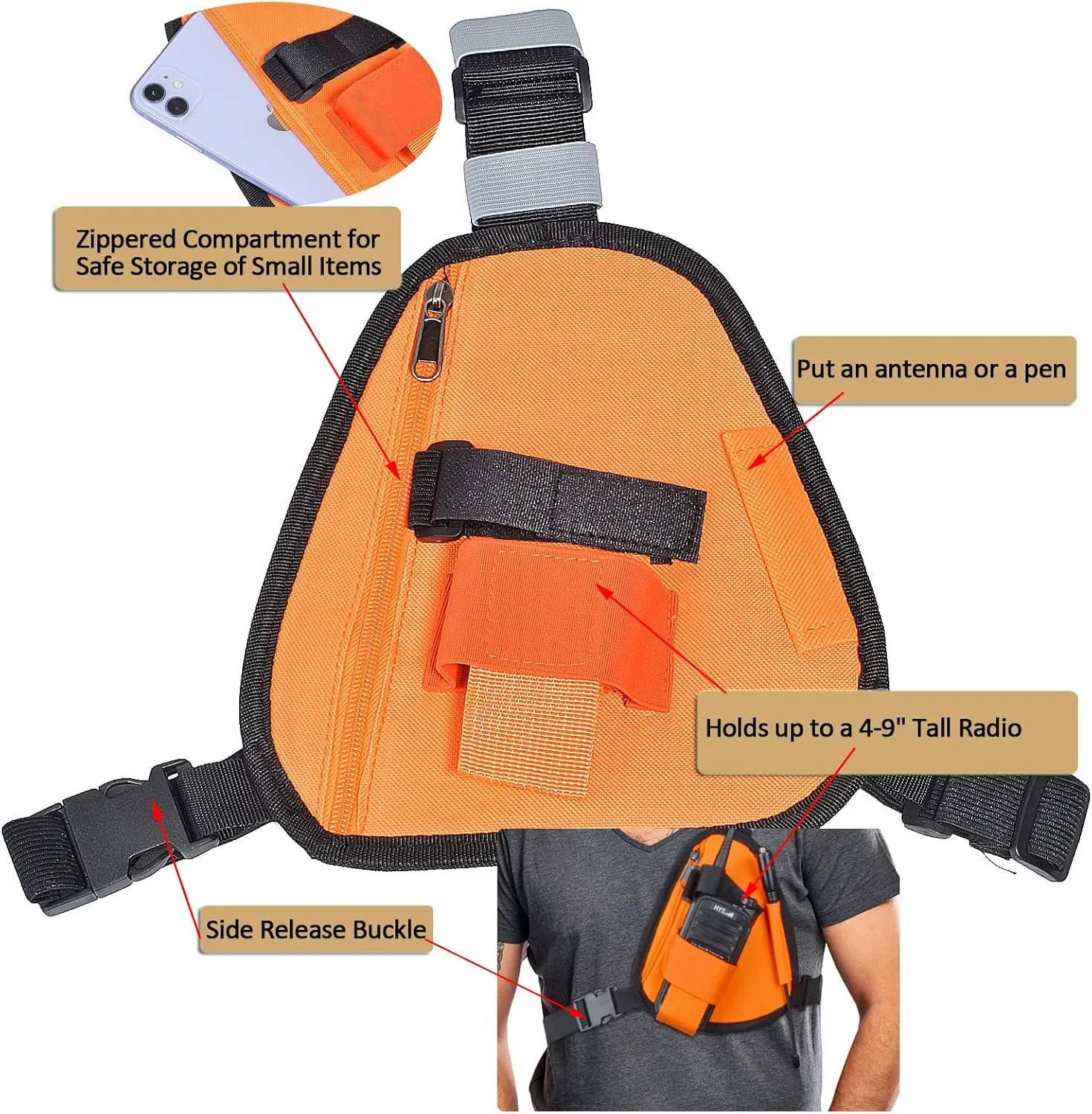 HYS Nylon Chest Harness Pack, Adjustable Shoulder Strap with an Adjustable Single Radio Pouch