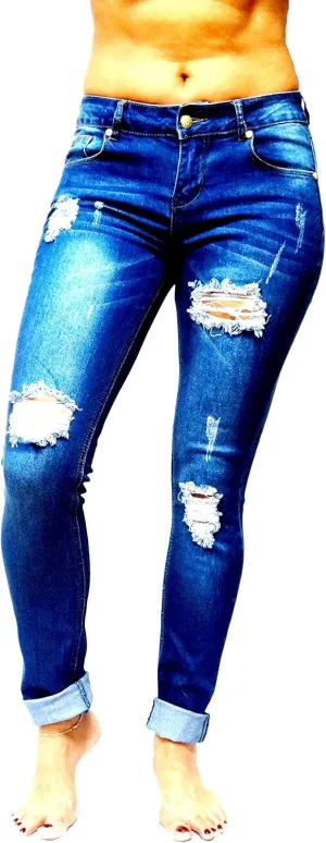 Jack David/Pasion/U.W.D Womens Distressed Denim Jeans Ripped Blue Skinny Destroy Stretch Jean Pants