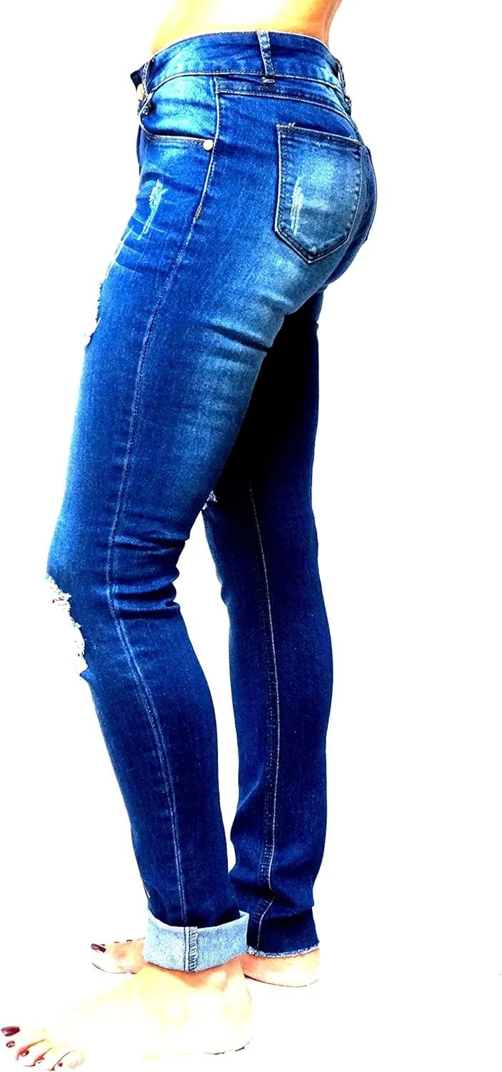 Jack David/Pasion/U.W.D Womens Distressed Denim Jeans Ripped Blue Skinny Destroy Stretch Jean Pants