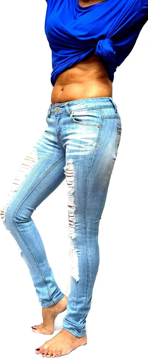 Jack David/Pasion/U.W.D Womens Distressed Denim Jeans Ripped Blue Skinny Destroy Stretch Jean Pants