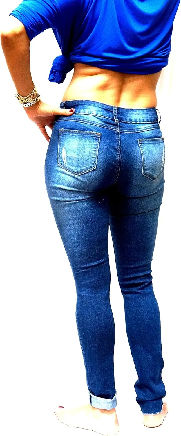 Jack David/Pasion/U.W.D Womens Distressed Denim Jeans Ripped Blue Skinny Destroy Stretch Jean Pants