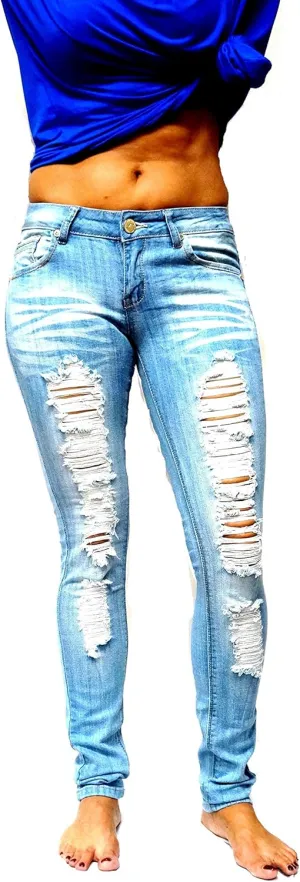 Jack David/Pasion/U.W.D Womens Distressed Denim Jeans Ripped Blue Skinny Destroy Stretch Jean Pants