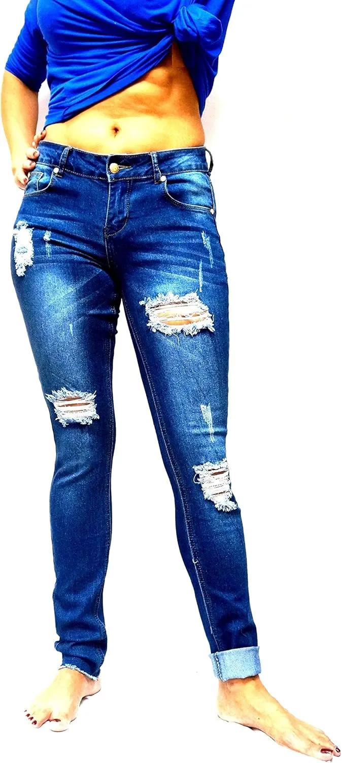 Jack David/Pasion/U.W.D Womens Distressed Denim Jeans Ripped Blue Skinny Destroy Stretch Jean Pants