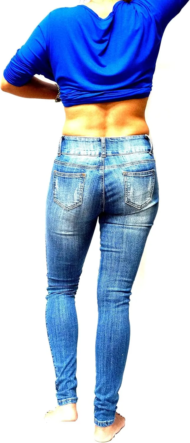 Jack David/Pasion/U.W.D Womens Distressed Denim Jeans Ripped Blue Skinny Destroy Stretch Jean Pants
