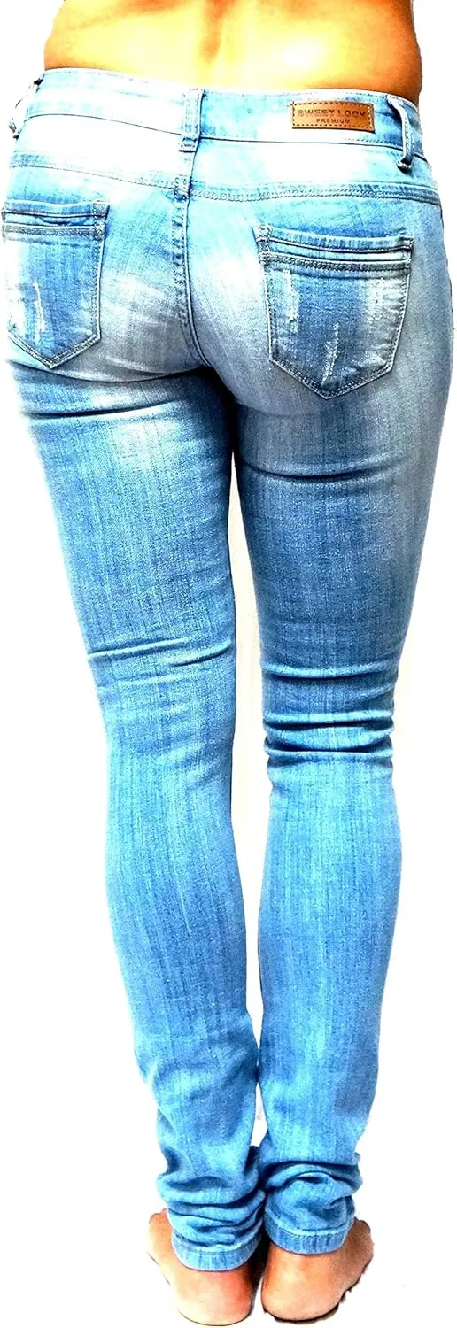 Jack David/Pasion/U.W.D Womens Distressed Denim Jeans Ripped Blue Skinny Destroy Stretch Jean Pants