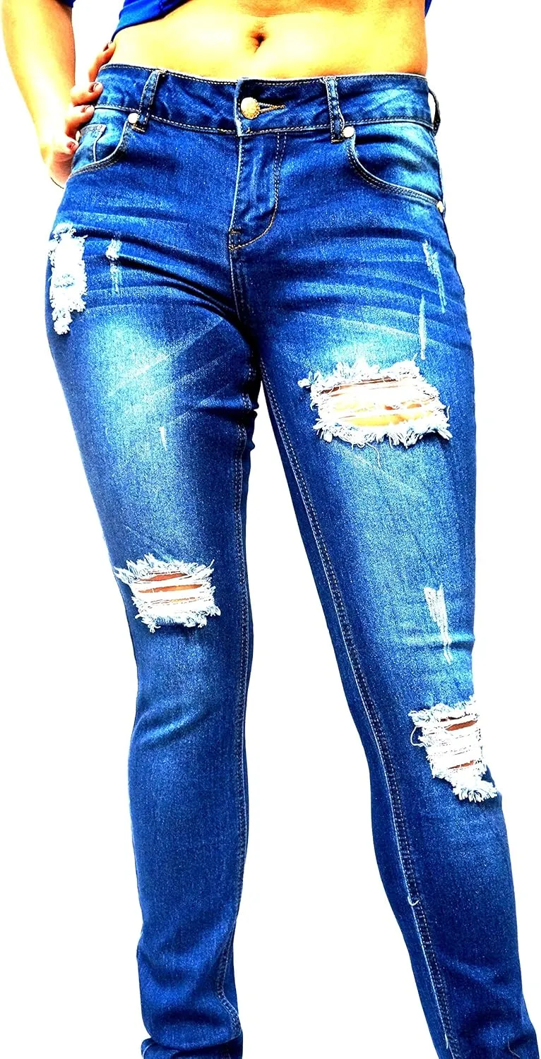 Jack David/Pasion/U.W.D Womens Distressed Denim Jeans Ripped Blue Skinny Destroy Stretch Jean Pants