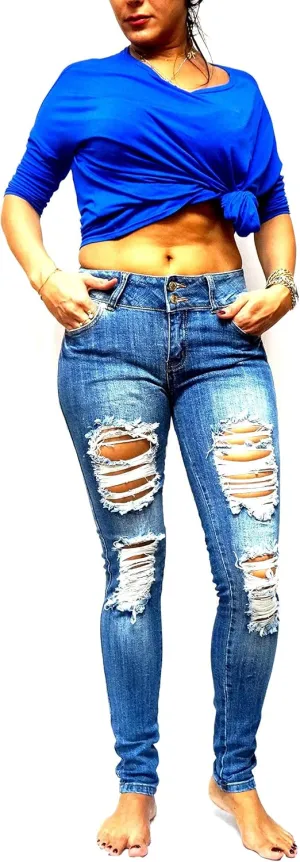 Jack David/Pasion/U.W.D Womens Distressed Denim Jeans Ripped Blue Skinny Destroy Stretch Jean Pants
