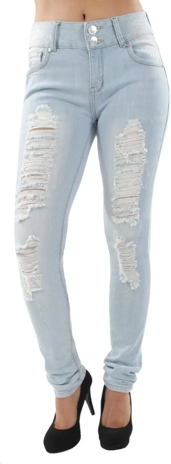 Jack David/Pasion/U.W.D Womens Distressed Denim Jeans Ripped Blue Skinny Destroy Stretch Jean Pants